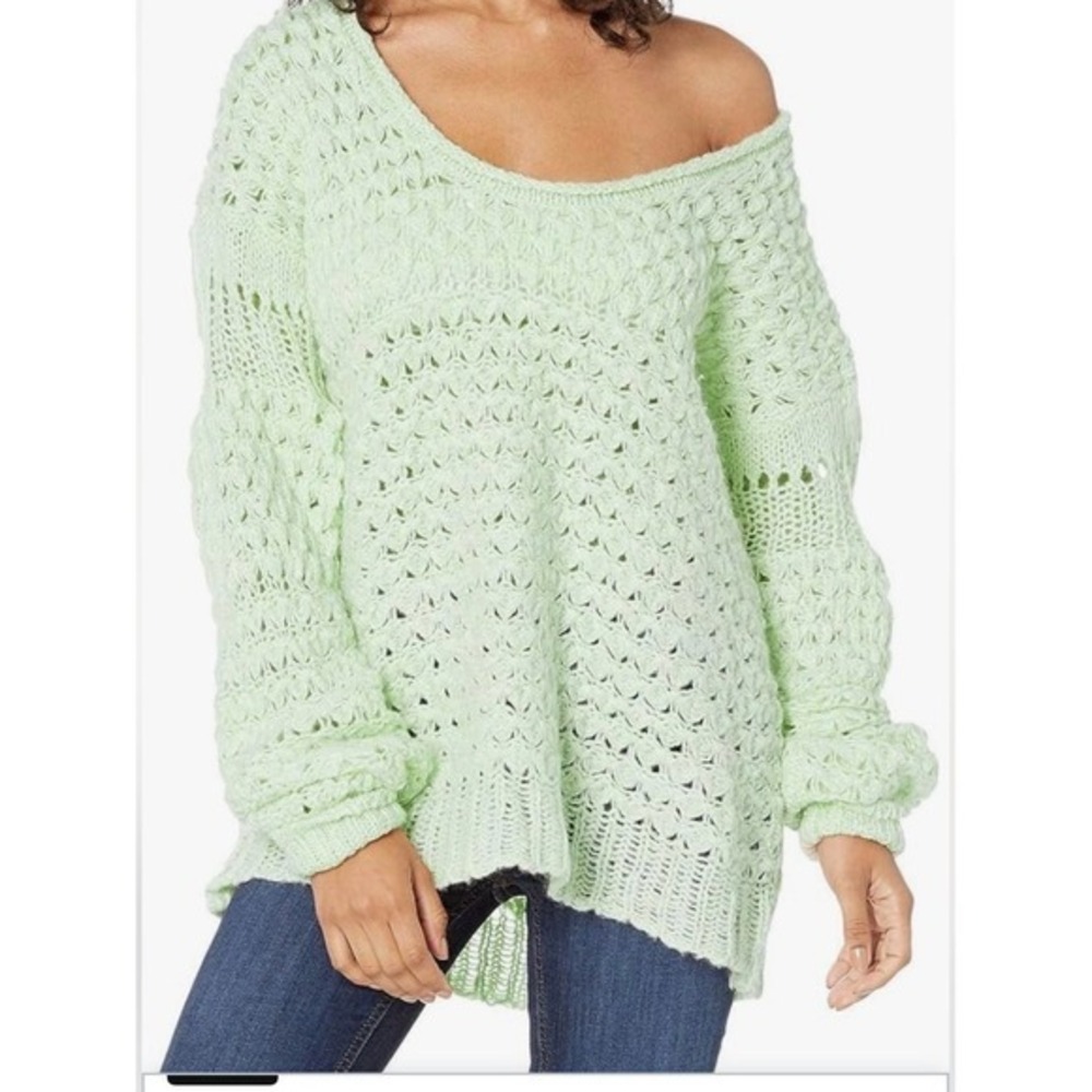 Free People Mint Green Open Knit Crochet Scoop Neck Oversize Slouchy Sweater Lrg